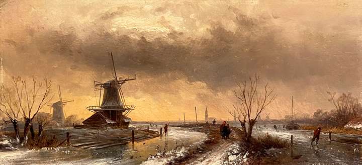 “Frozen river scene, figures by a windmill”